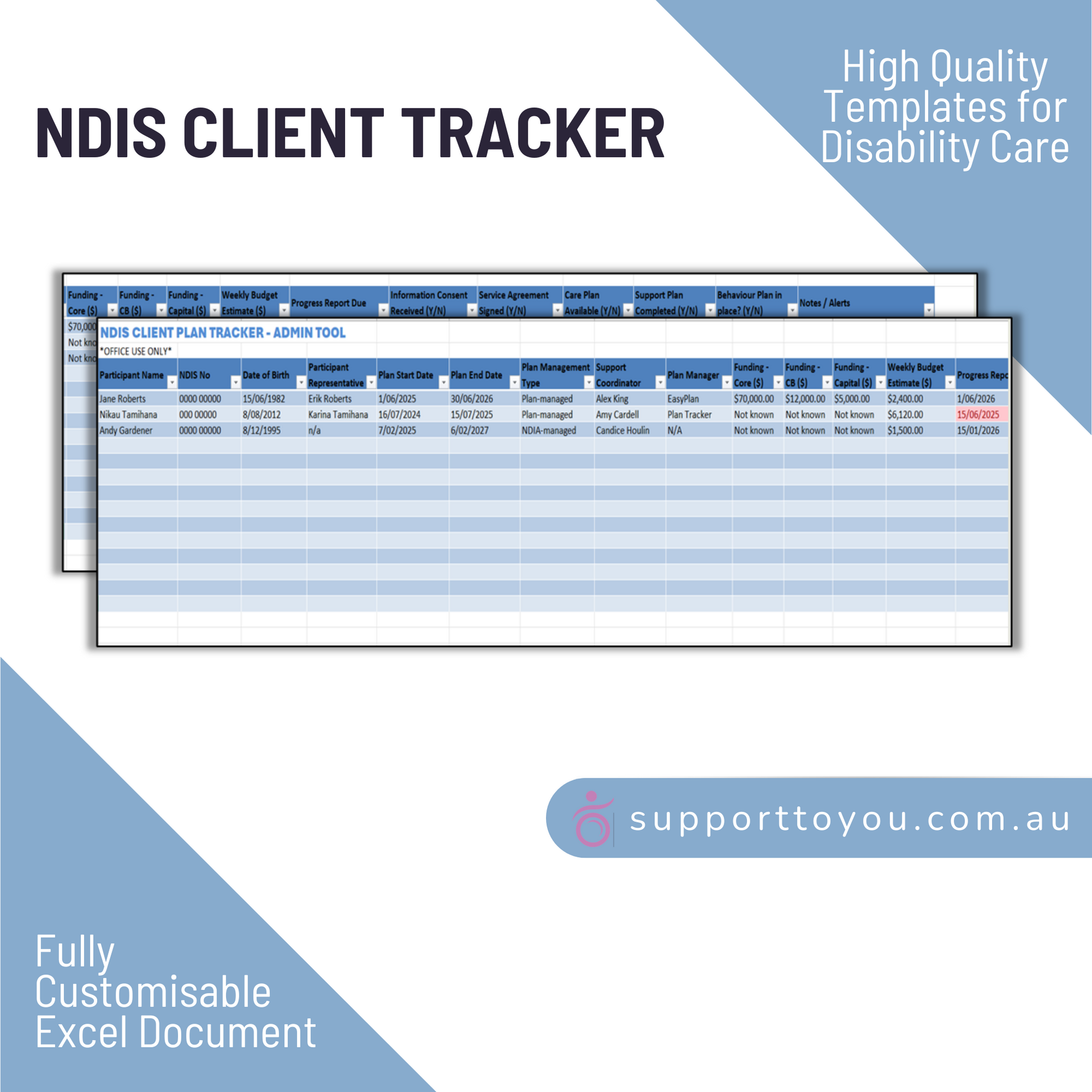 NDIS Client Tracker Excel document with a blue and white background, featuring the brand 'supporttoyou.com.au'.