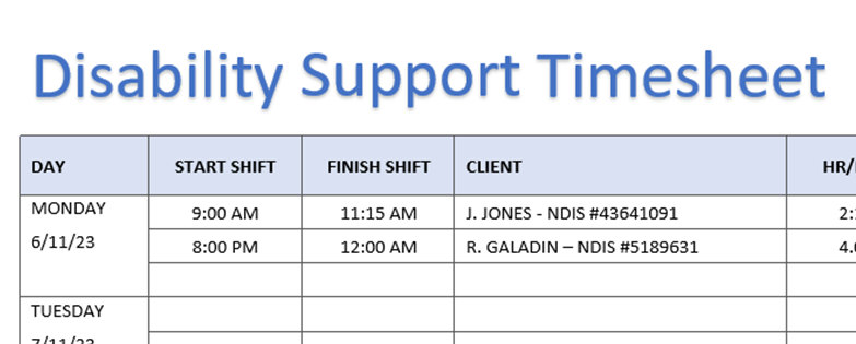 Timesheet | Disability Support Worker | supporttoyou