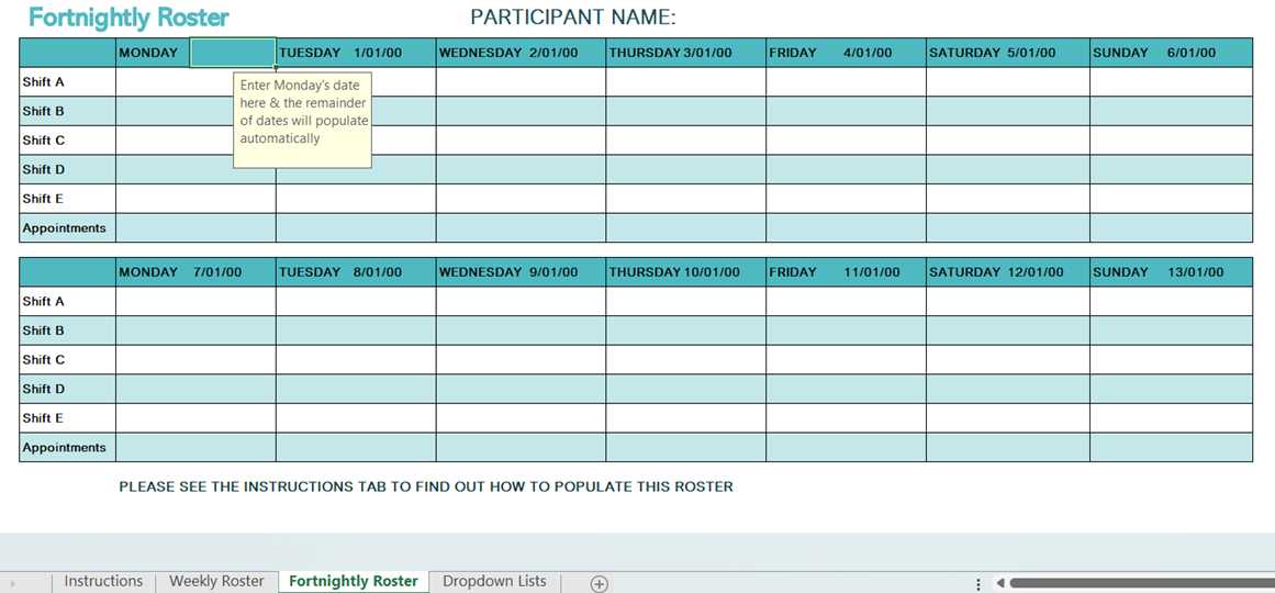 Weekly and Fortnightly Roster template for support workers