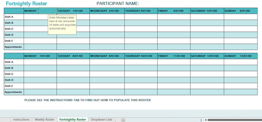 Weekly and Fortnightly Roster template for support workers