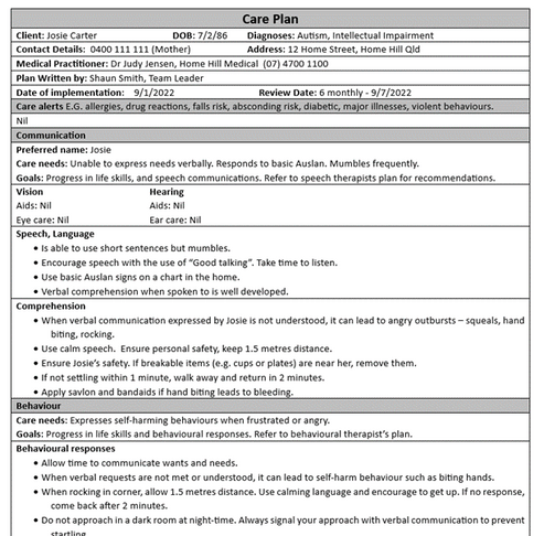 Care Plan Templates | Disability Templates | supporttoyou
